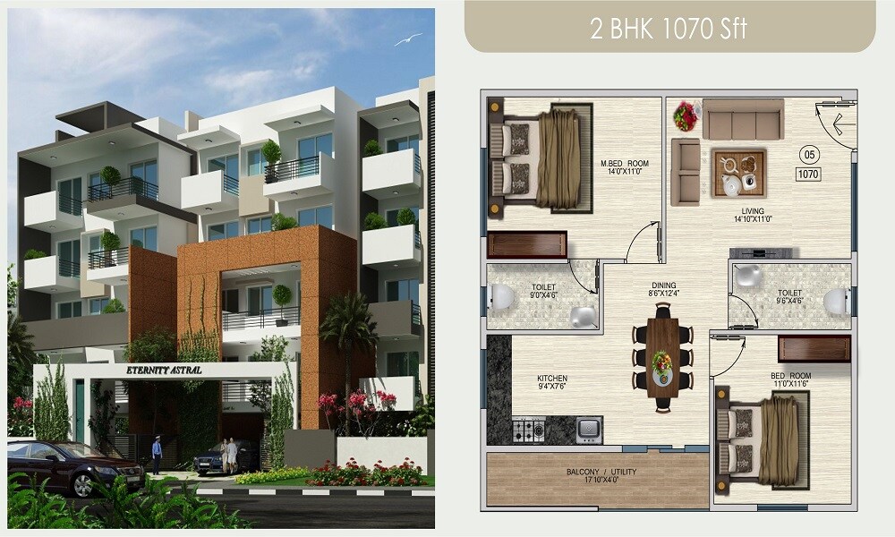 Floor plan of 2 BHK 1070 Sq. Ft. Apartment in Eternity Astral, Bangalore