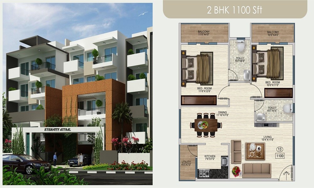 Floor plan of 2 BHK 1100 Sq. Ft. Apartment in Eternity Astral, Bangalore