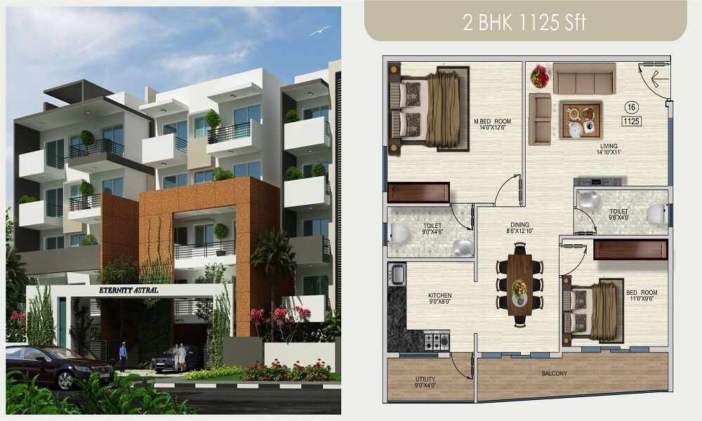 Floor plan of 2 BHK 1125 Sq. Ft. Apartment in Eternity Astral, Bangalore