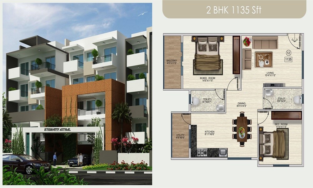 Floor plan of 2 BHK 1135 Sq. Ft. Apartment in Eternity Astral, Bangalore
