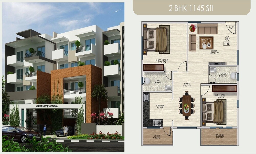 Floor plan of 2 BHK 1145 Sq. Ft. Apartment in Eternity Astral, Bangalore