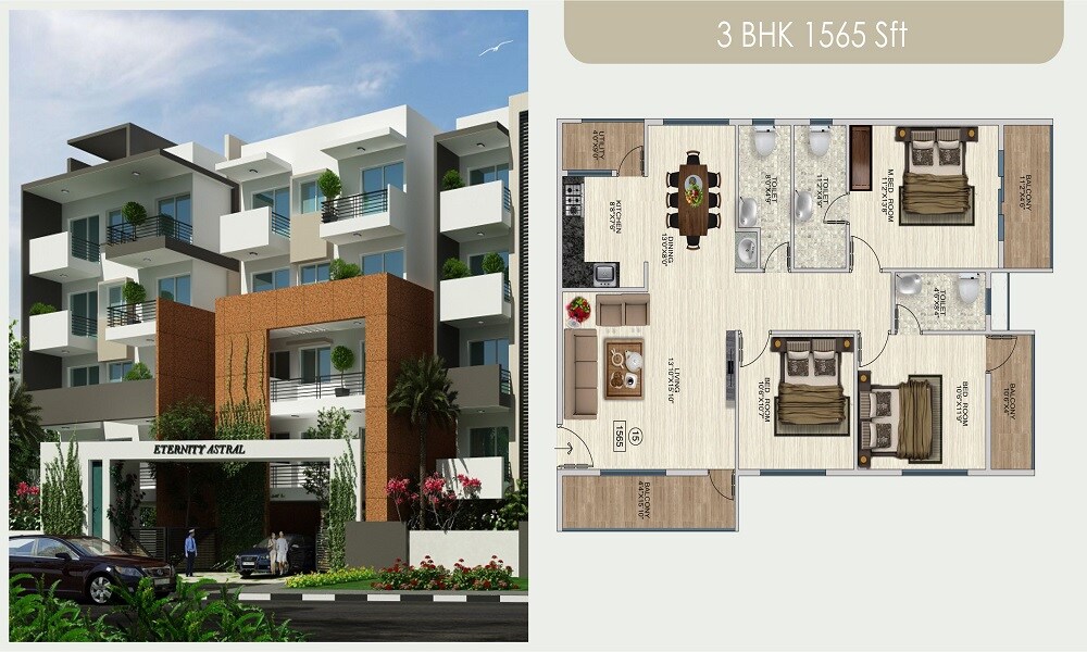 Floor plan of 3 BHK 1565 Sq. Ft. Apartment in Eternity Astral, Bangalore