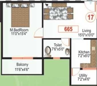 Floor plan of 1 BHK 665 Sq. Ft. Apartment in Eternity Ecstasy, Bangalore