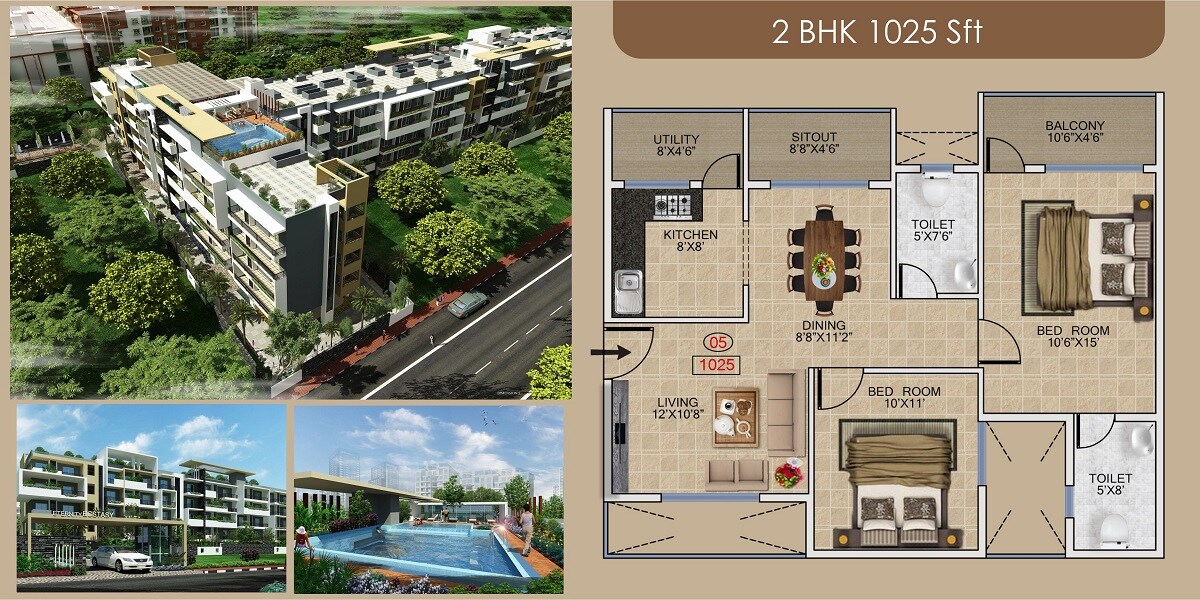 Floor plan of 2 BHK 1025 Sq. Ft. Apartment in Eternity Ecstasy, Bangalore