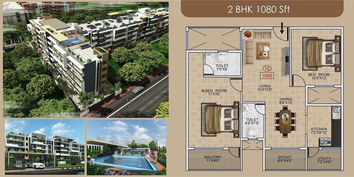 Floor plan of 2 BHK 1080 Sq. Ft. Apartment in Eternity Ecstasy, Bangalore