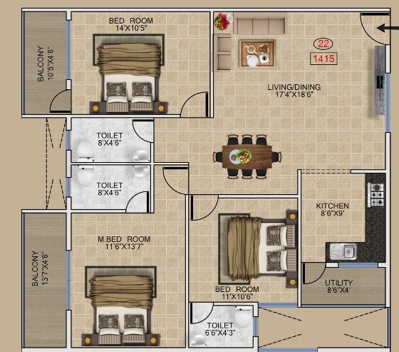 Floor plan of 2 BHK 1190 Sq. Ft. Apartment in Eternity Ecstasy, Bangalore