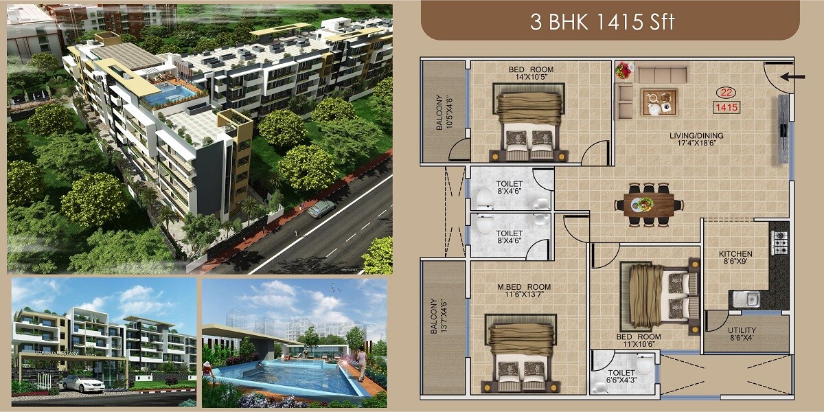 Floor plan of 3 BHK 1415 Sq. Ft. Apartment in Eternity Ecstasy, Bangalore
