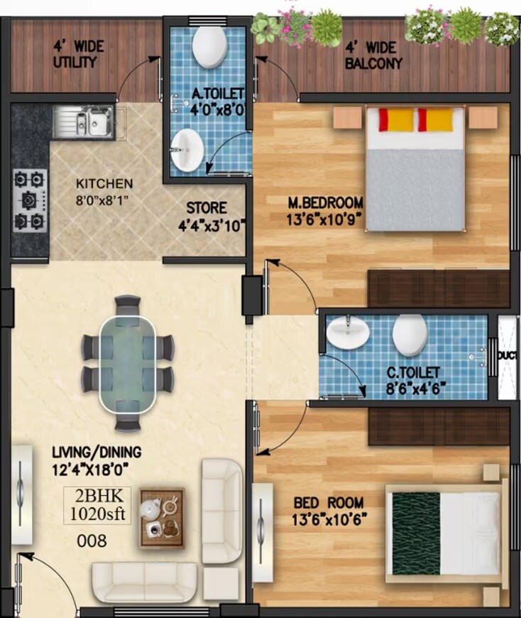 Floor plan of 2 BHK 1020 Sq. Ft. Apartment in Eternity Epic, Bangalore