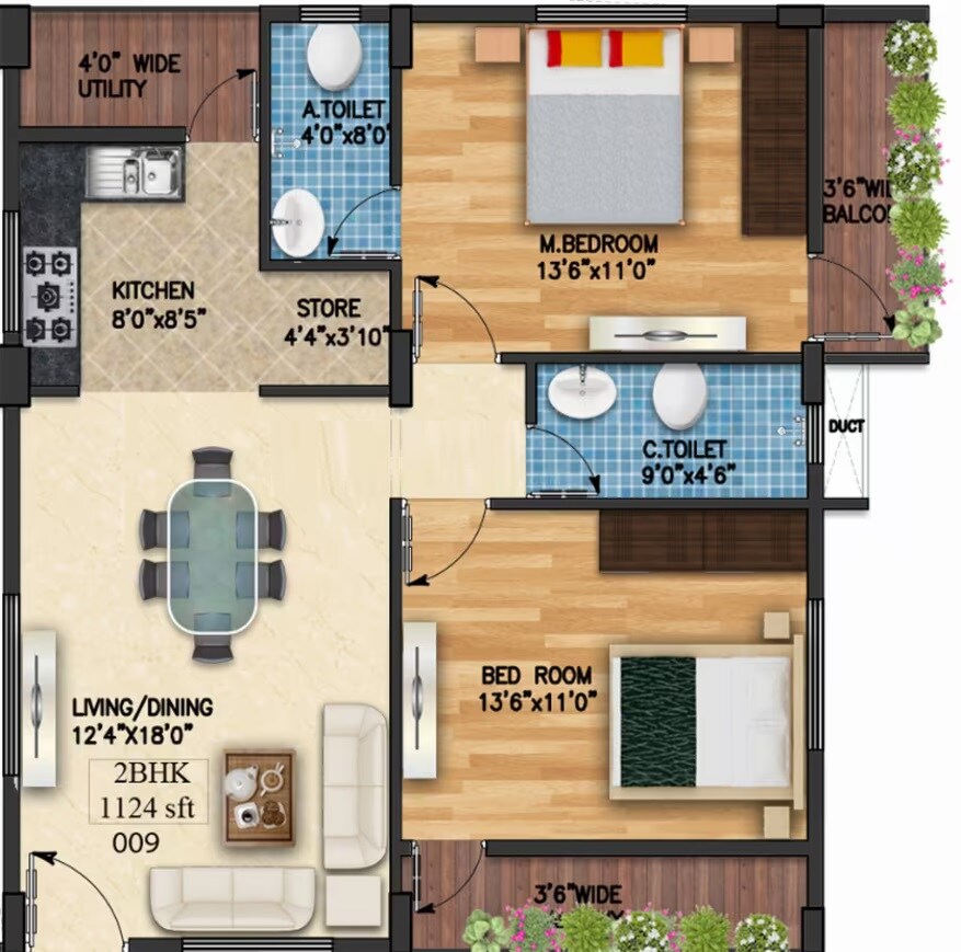 Floor plan of 2 BHK 1124 Sq. Ft. Apartment in Eternity Epic, Bangalore