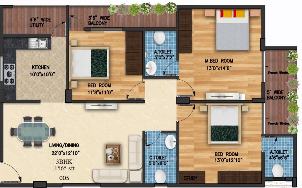 Floor plan of 3 BHK 1565 Sq. Ft. Apartment in Eternity Epic, Bangalore