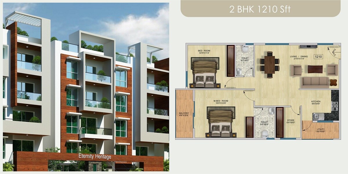 Floor plan of 2 BHK 1210 Sq. Ft. Apartment in Eternity Heritage, Bangalore