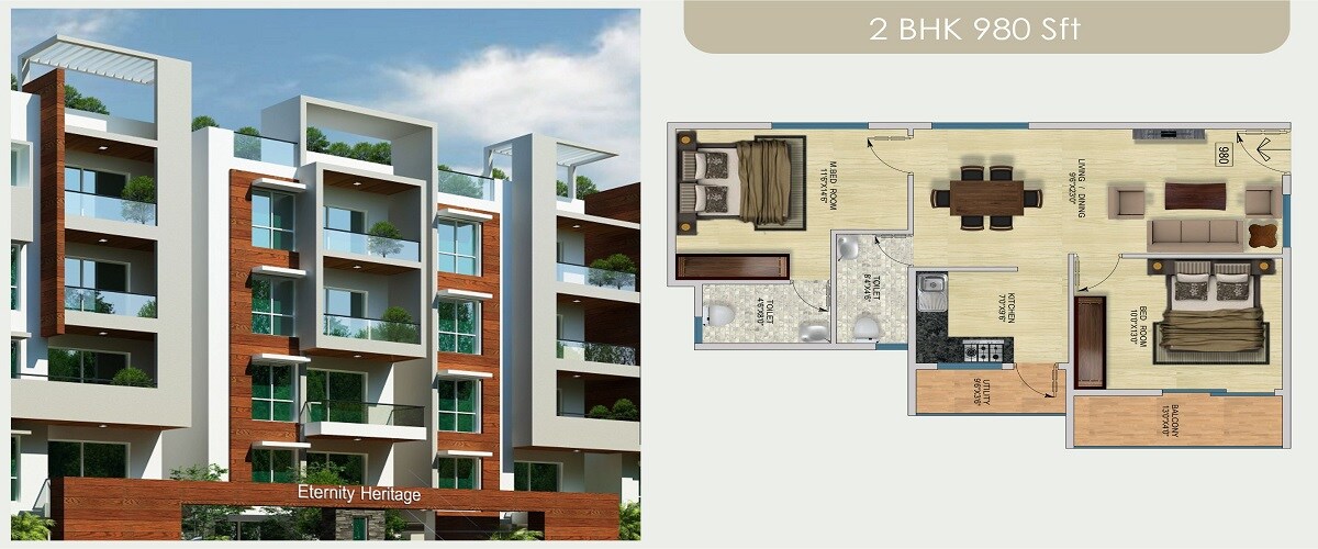 Floor plan of 2 BHK 980 Sq. Ft. Apartment in Eternity Heritage, Bangalore