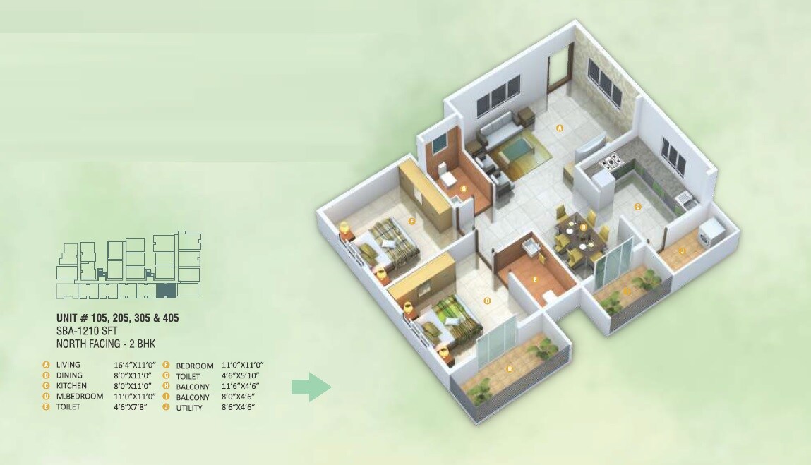 Floor plan of 2 BHK 1210 Sq. Ft. Apartment in Eustoma Serenity Gardens, Bangalore