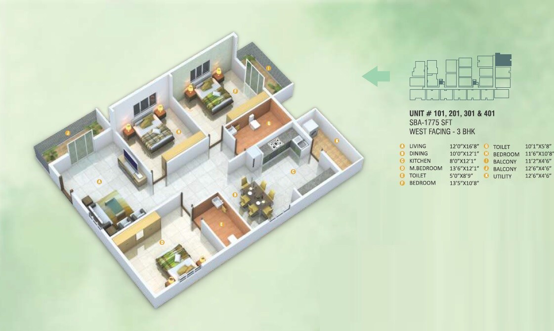 Floor plan of 3 BHK 1775 Sq. Ft. Apartment in Eustoma Serenity Gardens, Bangalore