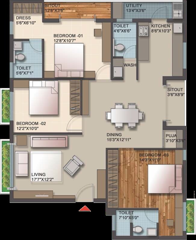 Floor plan of 3 BHK 1670 Sq. Ft. Apartment in Evantha Tulsi, Bangalore
