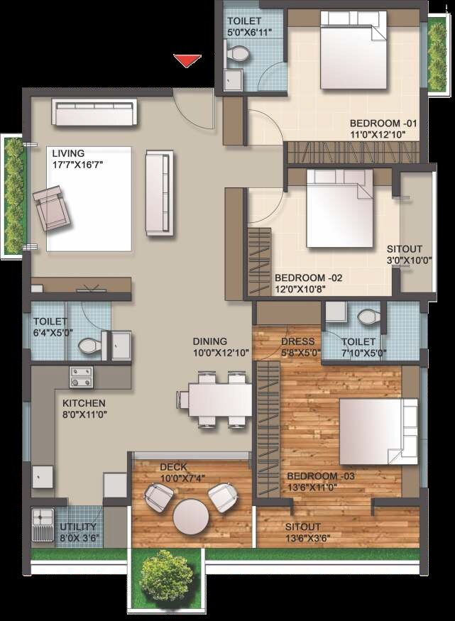 Floor plan of 3 BHK 1770 Sq. Ft. Apartment in Evantha Tulsi, Bangalore