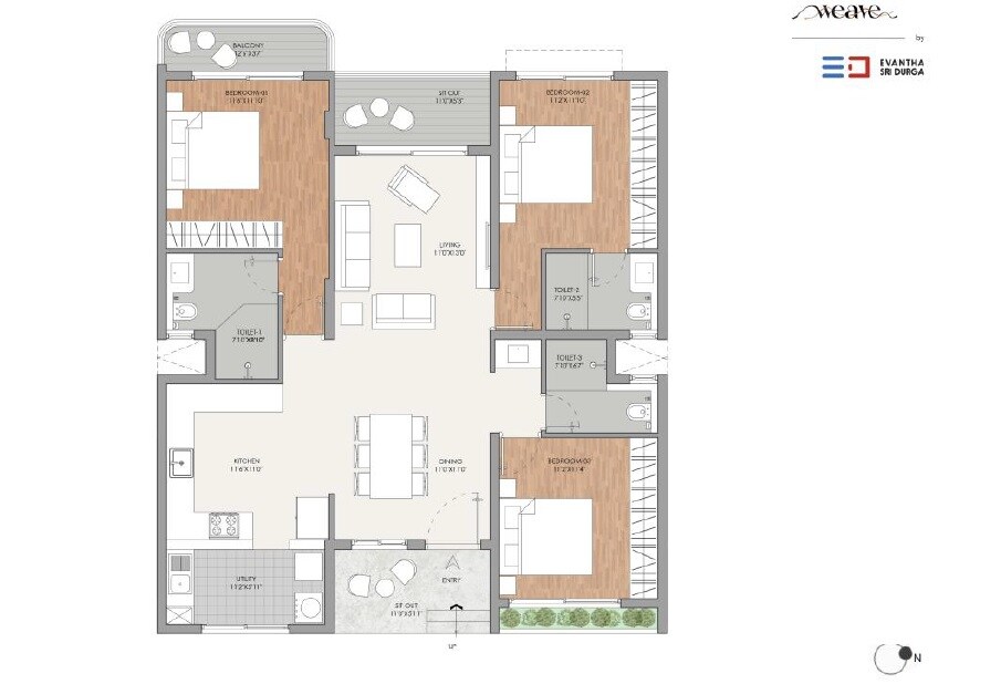 Floor plan of 3 BHK 1688 Sq. Ft. Apartment in Evantha Weave, Bangalore
