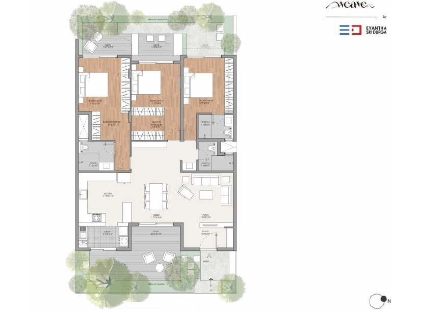 Floor plan of 3 BHK 1900 Sq. Ft. Apartment in Evantha Weave, Bangalore