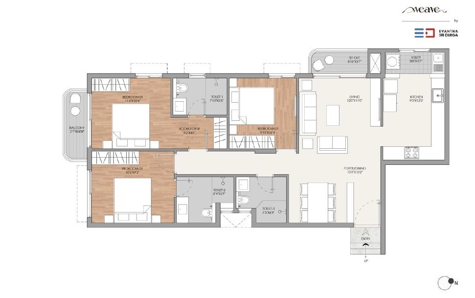 Floor plan of 3 BHK 2388 Sq. Ft. Apartment in Evantha Weave, Bangalore