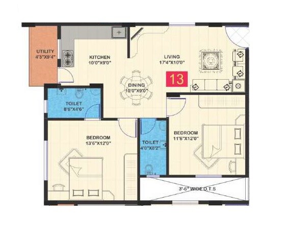 Floor plan of 2 BHK 1012 Sq. Ft. Apartment in Evershine Greenwoods, Bangalore