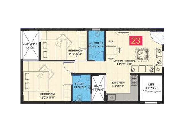 Floor plan of 2 BHK 711 Sq. Ft. Apartment in Evershine Greenwoods, Bangalore