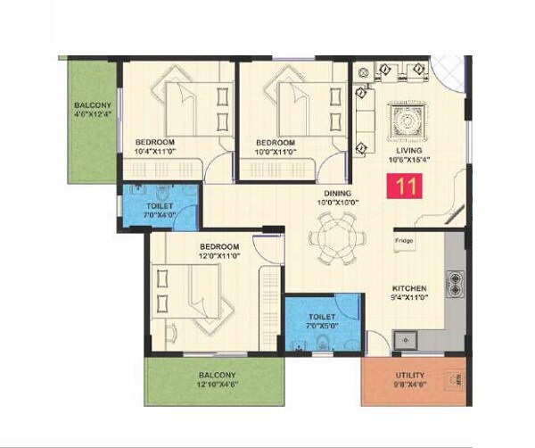 Floor plan of 3 BHK 1104 Sq. Ft. Apartment in Evershine Greenwoods, Bangalore