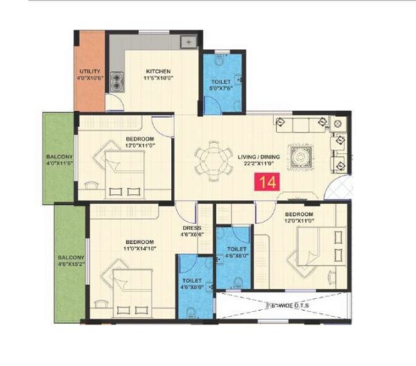 Floor plan of 3 BHK 1539 Sq. Ft. Apartment in Evershine Greenwoods, Bangalore