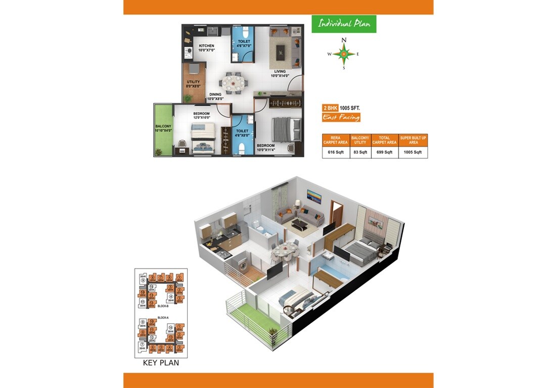 Floor plan of 2 BHK 1005 Sq. Ft. Apartment in Evershine Northeast Apartments, Bangalore