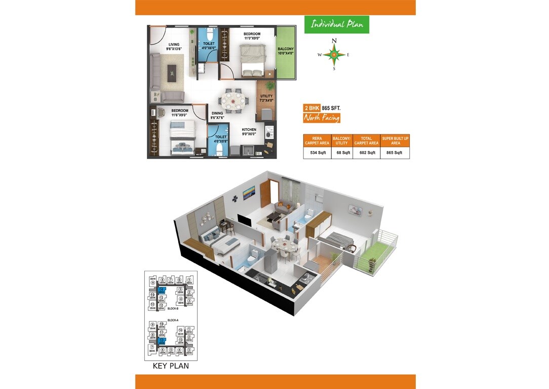 Floor plan of 2 BHK 865 Sq. Ft. Apartment in Evershine Northeast Apartments, Bangalore