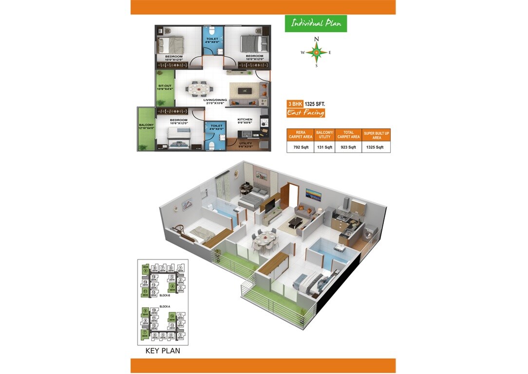 Floor plan of 3 BHK 1325 Sq. Ft. Apartment in Evershine Northeast Apartments, Bangalore
