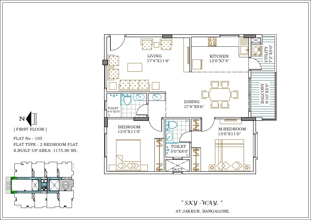 Floor plan of 2 BHK Apartment - 1175 sq. ft. in Ewest Skyway, Bangalore