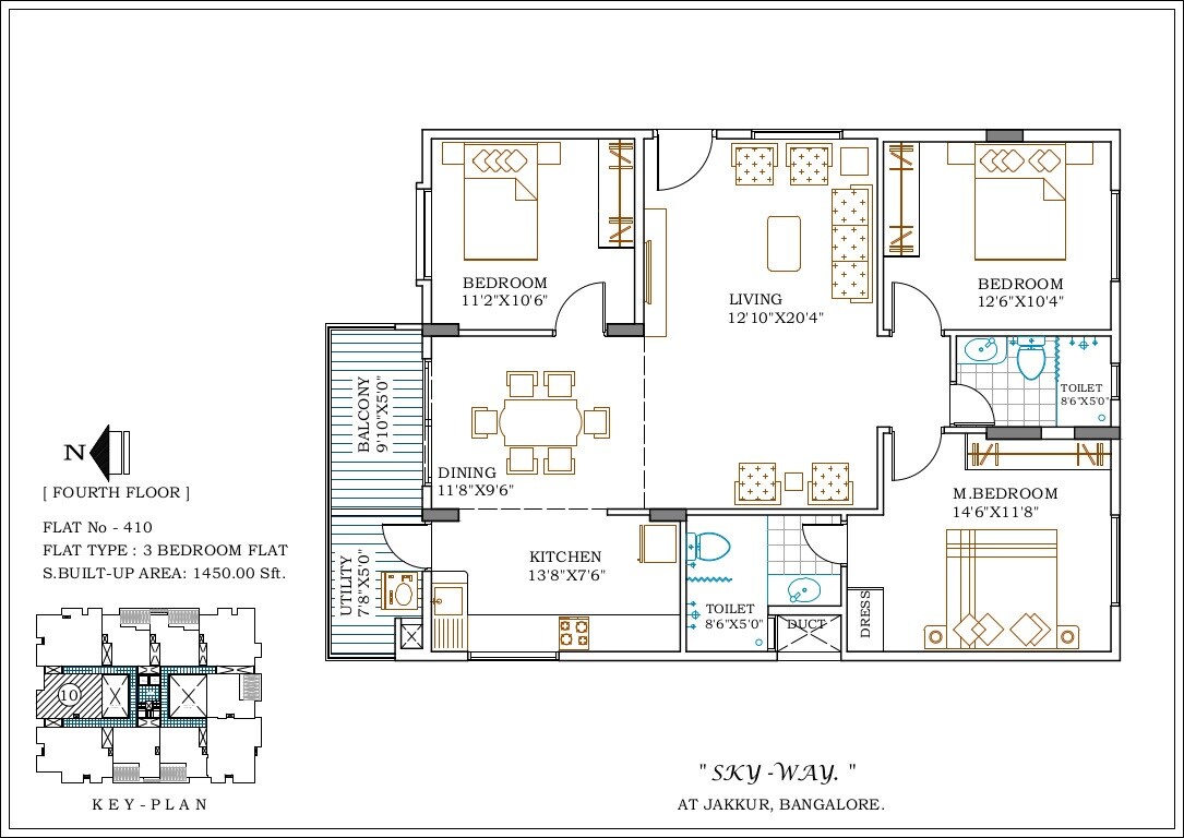 Floor plan of 3 BHK Apartment - 1450 sq. ft. in Ewest Skyway, Bangalore