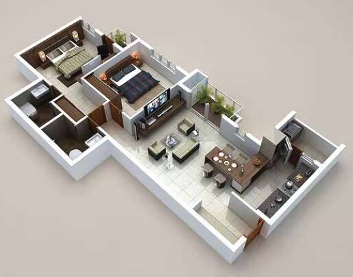 Floor plan of 2 BHK 1281 Sq. Ft. Apartment in Excel Code Name Five Rings, Bangalore