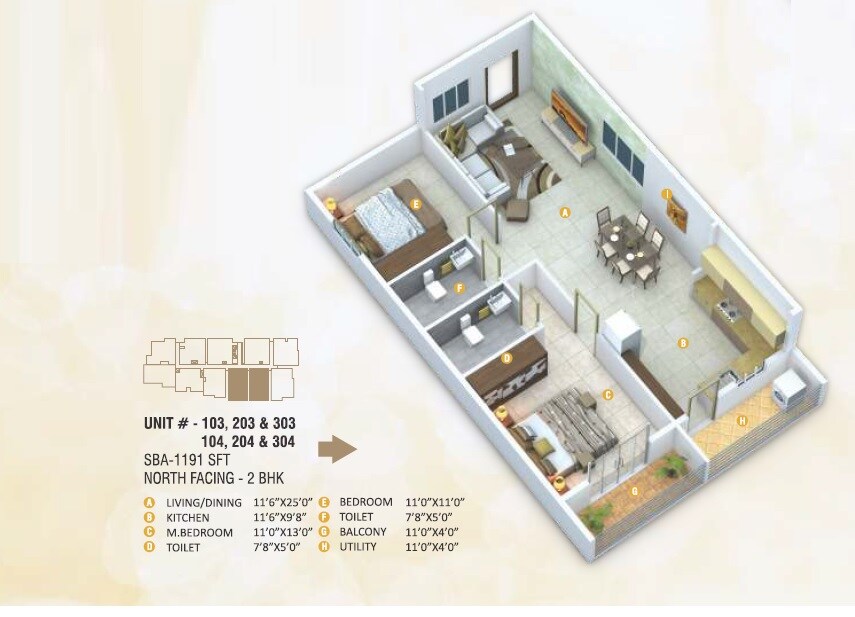 Floor plan of 2 BHK 1191 Sq. Ft. Apartment in Excel Golden Enclave, Bangalore