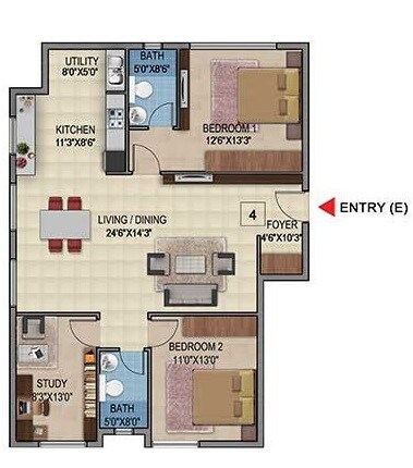 Floor plan of 2 BHK 1395 Sq. Ft. Apartment in Ezzy Gallery Central, Bangalore
