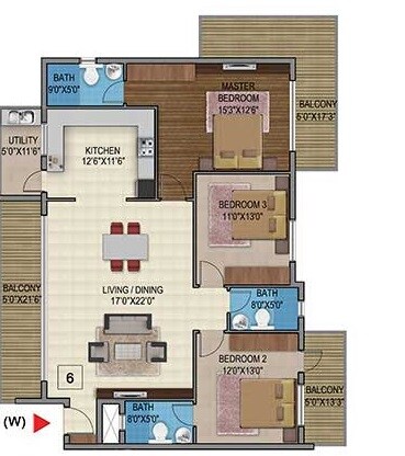 Floor plan of 3 BHK 2187 Sq. Ft. Apartment in Ezzy Gallery Central, Bangalore