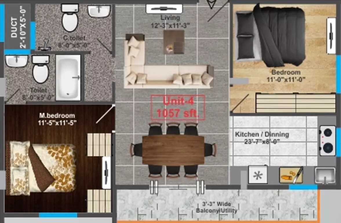 Floor plan of 2 BHK 1057 Sq. Ft. Apartment in Fateh Perfect Casa Bella, Bangalore