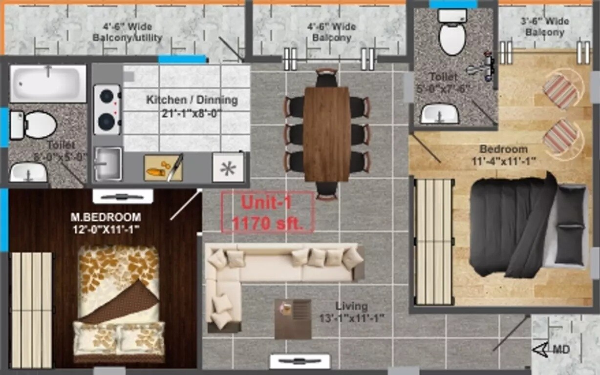 Floor plan of 2 BHK 1170 Sq. Ft. Apartment in Fateh Perfect Casa Bella, Bangalore