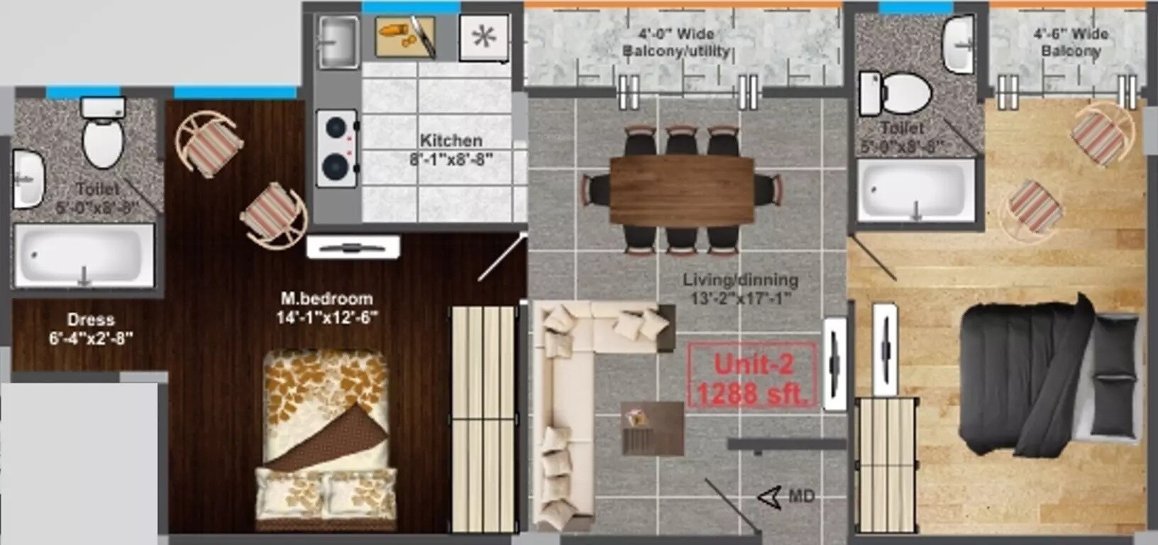 Floor plan of 2 BHK 1288 Sq. Ft. Apartment in Fateh Perfect Casa Bella, Bangalore