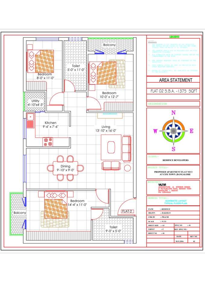Floor plan of 3 BHK 1375 Sq. Ft. Apartment in Feather Stone East Bourne, Bangalore