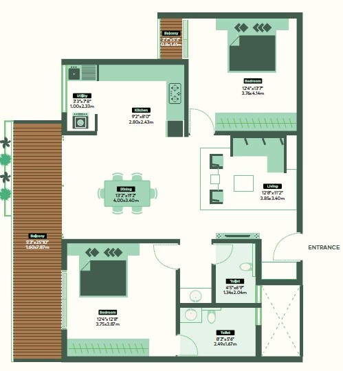 Floor plan of 2 BHK 1386 Sq. Ft. Apartment in The Formist TreeHouse, Bangalore