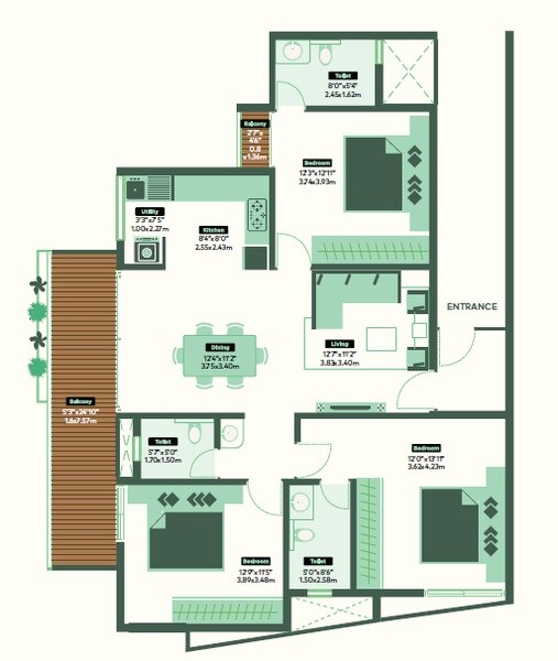 Floor plan of 3 BHK 1638 Sq. Ft. Apartment in The Formist TreeHouse, Bangalore