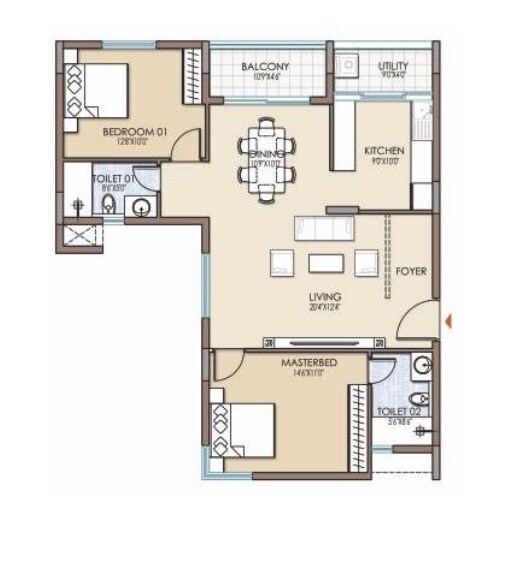 Floor plan of 2 BHK 1322 Sq. Ft. Apartment in Fortius Waterscape, Bangalore