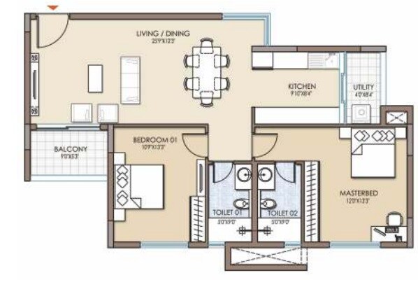 Floor plan of 2 BHK 1379 Sq. Ft. Apartment in Fortius Waterscape, Bangalore