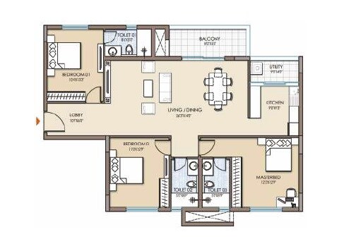 Floor plan of 3 BHK 1739 Sq. Ft. Apartment in Fortius Waterscape, Bangalore