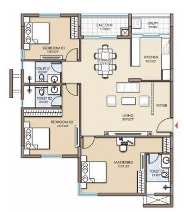 Floor plan of 3 BHK 1764 Sq. Ft. Apartment in Fortius Waterscape, Bangalore