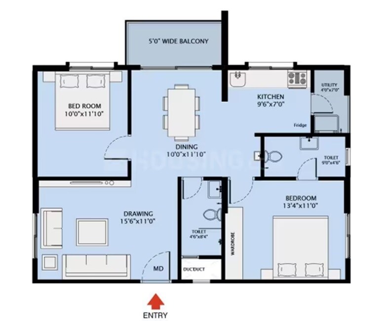 2 BHK 1100 Sq. Ft. Apartment