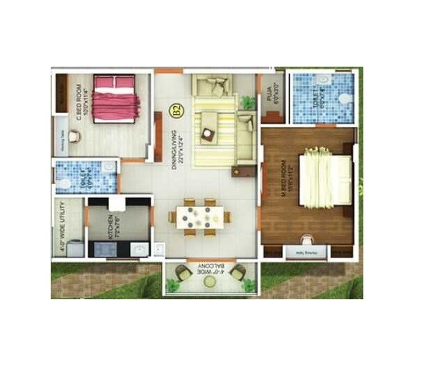 Floor plan of 2 BHK 1105 Sq. Ft. Apartment in Fortuna Krrish, Bangalore