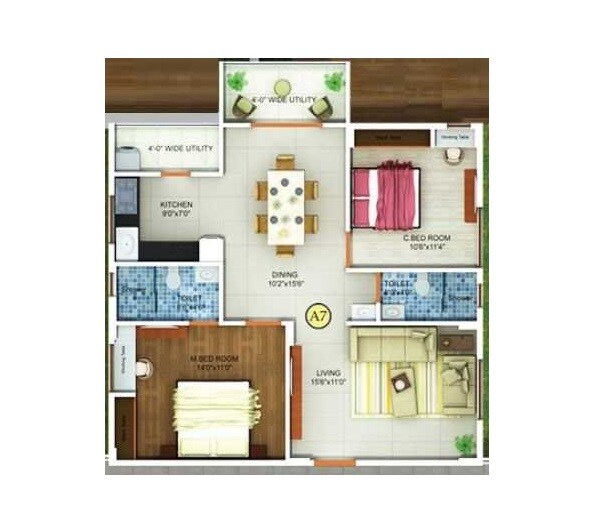 Floor plan of 2 BHK 1235 Sq. Ft. Apartment in Fortuna Krrish, Bangalore