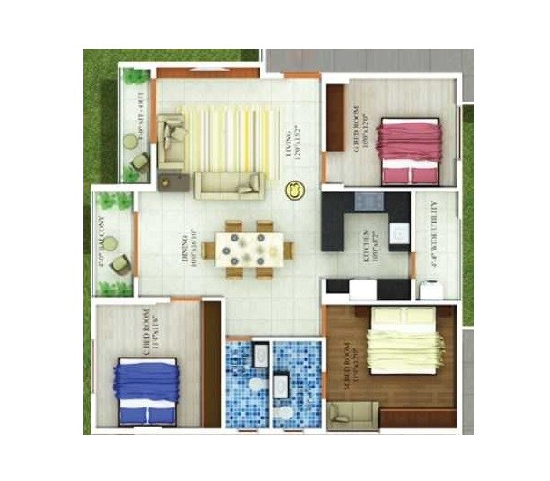 Floor plan of 3 BHK 1325 Sq. Ft. Apartment in Fortuna Krrish, Bangalore